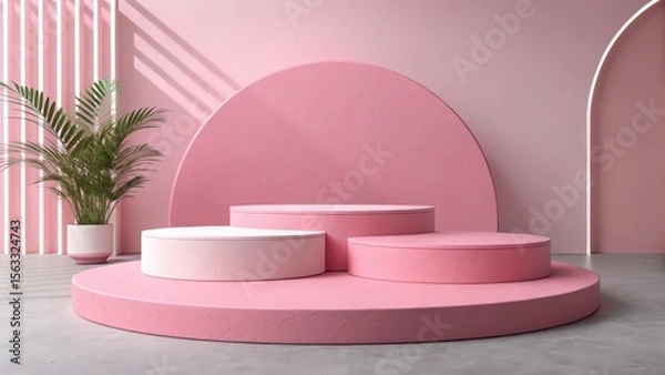 Fototapeta Minimalist pink product display podium with three tiers, featuring a potted plant and soft, natural light, creating a serene and elegant mood for beauty or lifestyle branding.