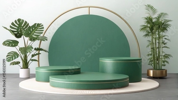 Fototapeta Serene Green Product Display: Elegant Cylindrical Platforms, Tropical Plants, Gold Accents, Minimalist Studio Backdrop, Soft Lighting, Modern Aesthetic, Calm Mood, Commercial Use.