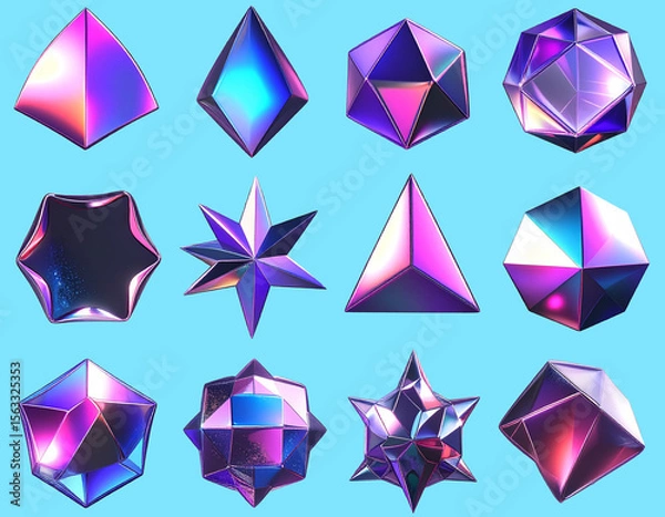 Obraz 3D chrome geometric shapes set - holographic crystals and diamonds with iridescent effects