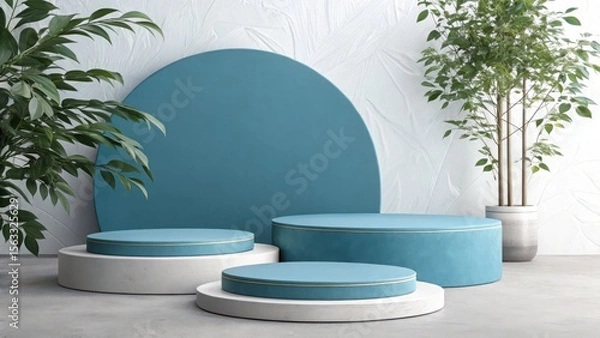 Fototapeta Serene teal and white product display podium with lush green plants, minimalist modern design, clean and calming aesthetic, perfect for showcasing beauty or lifestyle products.