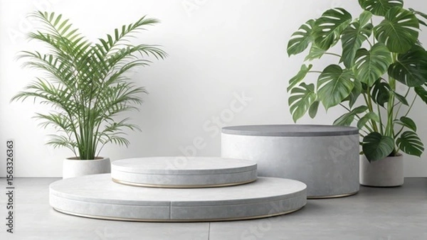Fototapeta Modern minimalist product display: three-tiered concrete podium with potted palm and monstera plants, serene and sophisticated aesthetic, ideal for showcasing beauty or lifestyle products.