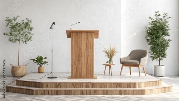 Fototapeta Modern minimalist wooden podium with microphone, plants, and a neutral armchair on a raised platform, ideal for presentations or speeches, showcasing a serene and sophisticated atmosphere.