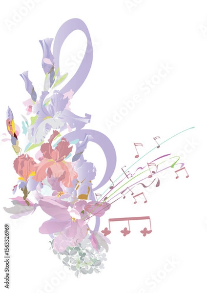 Obraz Musical design with a violin decorated with summer and spring flowers, notes, birds. Light and relax music. Hand drawn vector illustration.