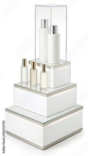 Fototapeta Modern White Perfume Display: Elegant Tiered Acrylic & Glass Showcase with Gold Accents, Luxurious Fragrance Bottles, Clean Minimalist Style, High-End Product Presentation.