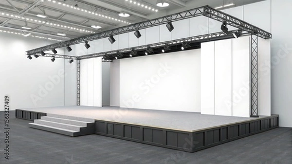 Fototapeta Modern minimalist empty stage with gray carpet, black platform, and overhead lighting;  clean, bright, spacious event venue; perfect for presentations, fashion shows, or product launches.