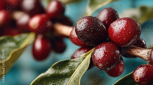 Fototapeta Close-Up of Fresh, Ripe Coffee Berries with Dew Drops