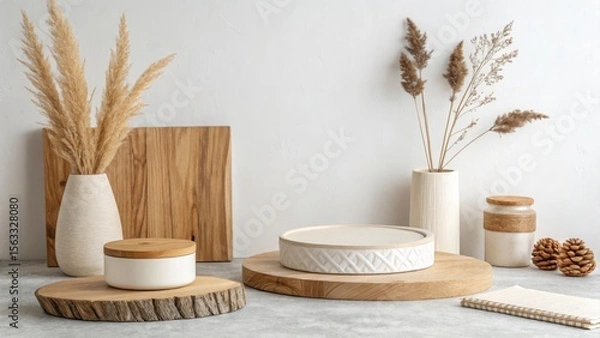 Fototapeta Modern minimalist product display featuring a neutral-toned ceramic platform, wooden accents, pampas grass, and a blank notebook on a light gray surface; evokes a calm, serene mood.