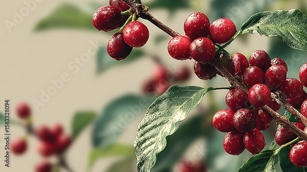 Fototapeta Fresh Red Coffee Berries on a Branch with Dew Drops