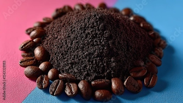 Fototapeta Coffee Grounds and Beans on Colorful Divided Background