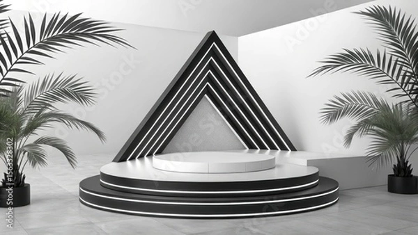 Fototapeta Modern Minimalist Product Display:  Black and White Circular Platform with Geometric Backdrop, Palm Plants, and Subtle Lighting, Ideal for Clean and Elegant Branding.