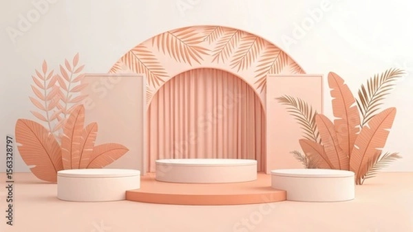Fototapeta Minimalist Peach and Coral Product Display: Elegant Podiums, Tropical Leaf Accents, Archway Backdrop, Soft Lighting, Calm Mood, Modern Aesthetic, Clean Lines, Studio Shot, Blank Space, Commercial Use.