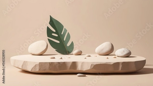 Fototapeta Serene Minimalist Product Display: Beige Stone Platform, Smooth Pebbles, Single Monstera Leaf, Neutral Background, Calm and Elegant Aesthetic, Perfect for Beauty or Wellness Branding.