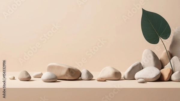 Fototapeta Serene Minimalist Still Life: Neutral-toned Stones and Single Leaf on Beige Background, Peaceful and Tranquil Mood, Product Placement Ready, Spa or Wellness Theme, Modern and Elegant Aesthetic.
