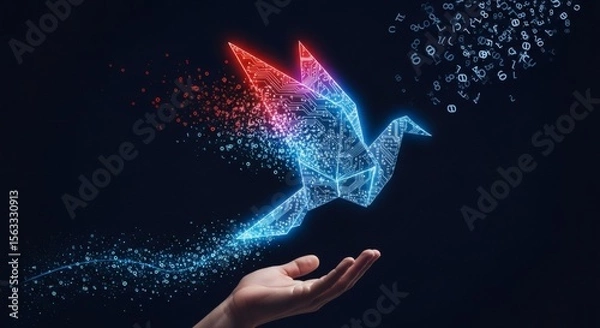Obraz digital origami crane, circuit board bird with data particles, artificial intelligence, technology and innovation concept