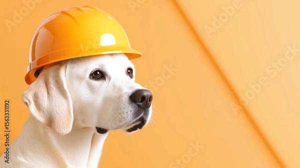 Fototapeta Rescue dog in helmet for earthquake emergency A rescue dog wearing a safety helmet, symbolizing search and rescue operations during earthquake disasters and emergency response situations