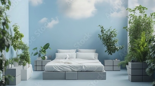 Obraz Fresh minimalist bedroom design with a sky blue backdrop, plush double bed, modern plants, and structured grey storage boxes near corners