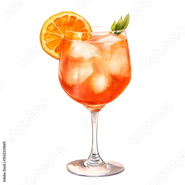 Obraz Aperol spritz watercolor illustration features a bright orange slice and ice, perfect for summer cocktail designs and menus, transparent background