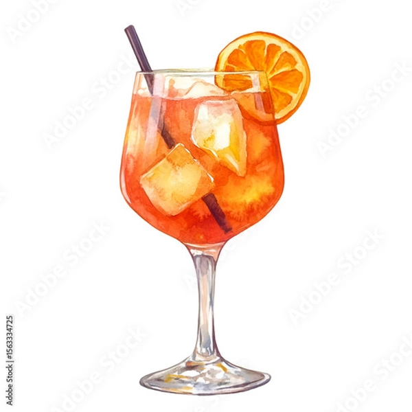 Fototapeta Watercolor drawing of a refreshing Aperol spritz cocktail with ice cubes and orange slice against a transparent background