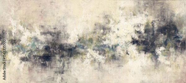 Fototapeta Soft neutral abstract painting with textured brushstrokes and cloudy atmosphere, blending muted tones of cream, gray, green and blue in a serene composition.