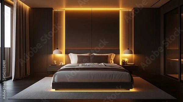 Obraz Low-light moody bedroom with matte surfaces, symmetrical lighting design, and warm undertones