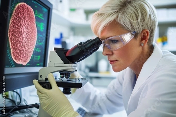 Fototapeta Scientist looking through microscope and using Laptop. Research female student scientist working in the Laboratory. Lab technician chemist analyzing sample through microscope. Conducting an experiment