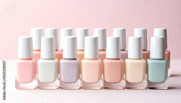 Fototapeta Variety of nail polish bottles arranged in rows with soft pastel colors