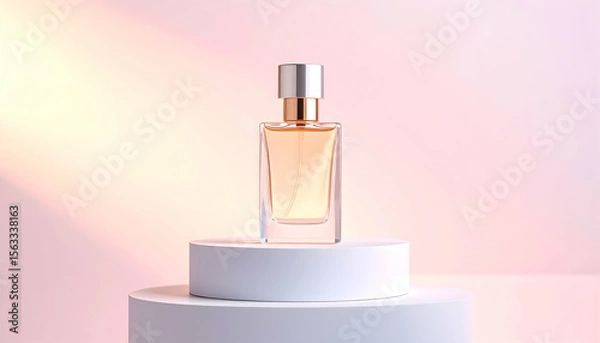 Fototapeta Perfume bottle on display with soft lighting and pastel background