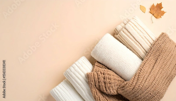 Fototapeta Warm knitted blankets in neutral tones on a soft background