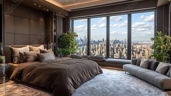 Obraz Minimalist brown bedroom featuring soft bedding, accent pillows, soft carpet, industrial-style marble wood flooring, large city-view window, and cozy grey seating