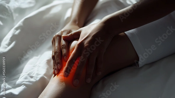 Obraz Black woman in white sports outfit holds injured swollen knee with both hands after a fall showing signs inflammation and pain under a warm orange lens flare.