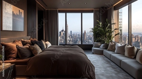 Obraz Minimalist brown bedroom featuring soft bedding, accent pillows, soft carpet, industrial-style marble wood flooring, large city-view window, and cozy grey seating