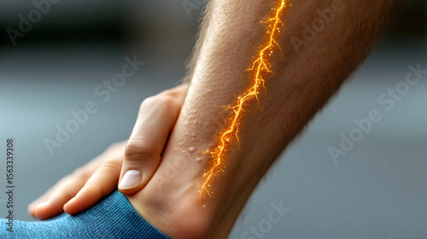 Obraz male athlete suffers injury left calf inflammation and peripheral nerve numbness highlighted orange lens flare while awaiting treatment doctor at hospital.