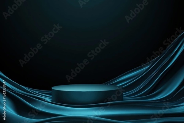 Fototapeta Dark blue silk satin fabric podium. Display scene. Product space. Drapery. Show mockup presentation. Abstract background. Circle shiny textile pattern. Cloth cover pedestal satin. Creases and shadows