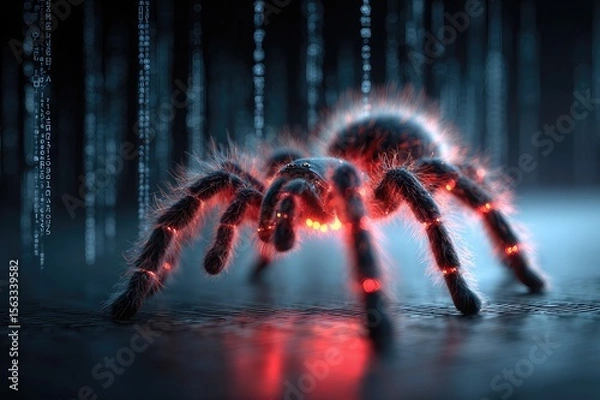 Fototapeta Digital render of glowing tarantula over dark matrix code