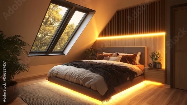 Obraz Modern attic bedroom with slanted roof windows, light wood floor, and cozy ambient light strip behind the headboard