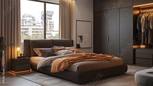 Obraz Modern cozy bedroom in shades of brown, bed positioned front-facing with crisp linens, warm lighting, urban view outside window, and modern wardrobe and designer grey sofa