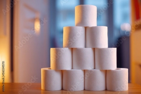Fototapeta Toilet paper pyramid stack for home storage