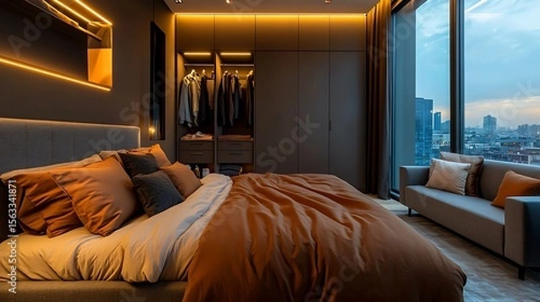 Obraz Modern cozy bedroom in shades of brown, bed positioned front-facing with crisp linens, warm lighting, urban view outside window, and modern wardrobe and designer grey sofa