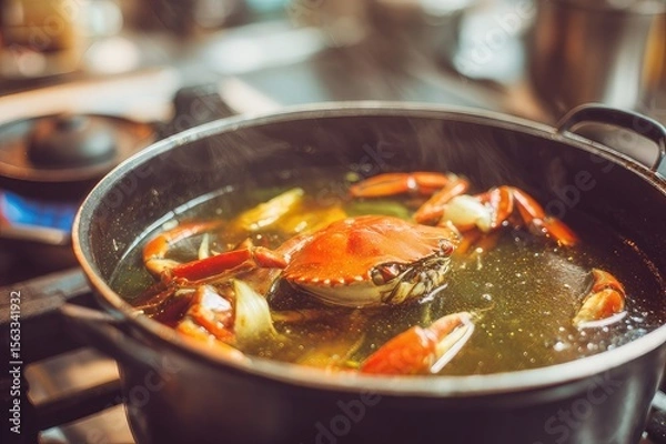 Fototapeta Crab soup simmering in a pot 