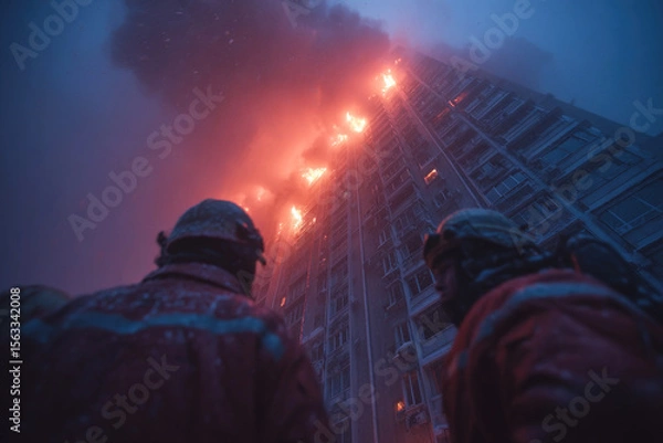 Obraz Firefighters battle blaze in multi story building during nighttime emergency response