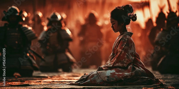 Obraz Geisha performs tea ceremony surrounded by samurai in the warm glow of sunlight
