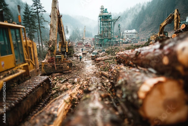 Obraz Industrial logging in a forest with machinery and lumberjacks felling old trees