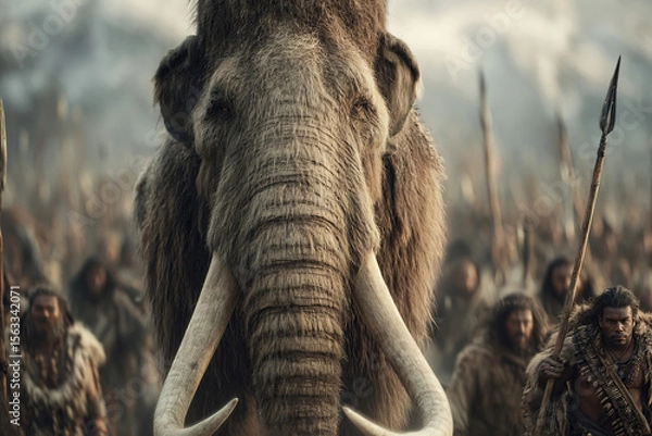 Obraz Mammoth hunt in snowy mountains with primitive tribes armed with spears