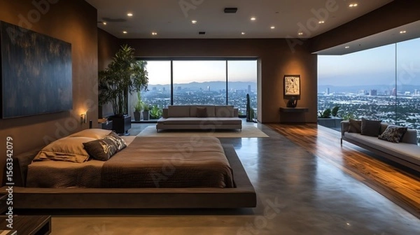 Obraz Modern interior with brown focus, open bedroom with front-facing bed, subtle grey lounge, mixed wood concrete flooring, and panoramic city view
