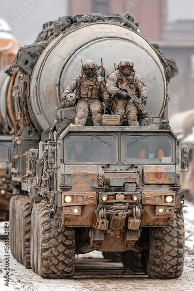 Obraz Military special forces transport nuclear missile on advanced military tractor during mission