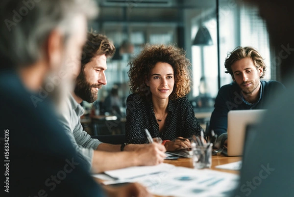 Obraz Colleagues engaged in a collaborative meeting in a modern office environment
