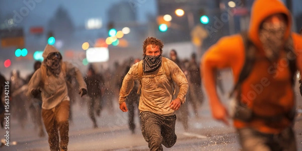Obraz Protesters flee police amid intense clashes in urban streets at dusk