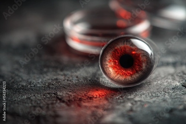 Fototapeta conceptual of irritated red eye next to contact lens case