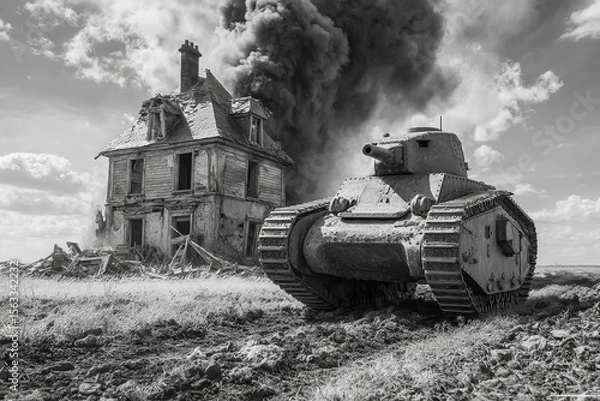 Obraz Modern French tank fires at ruins of a house in a war affected field