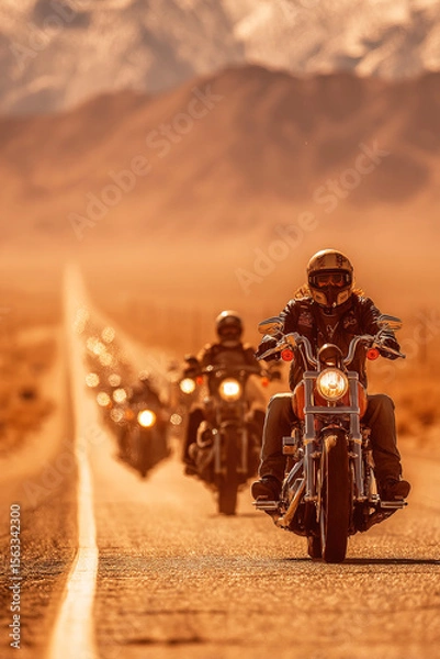 Obraz Modern bikers ride along the highway in a large group on a scorching hot day